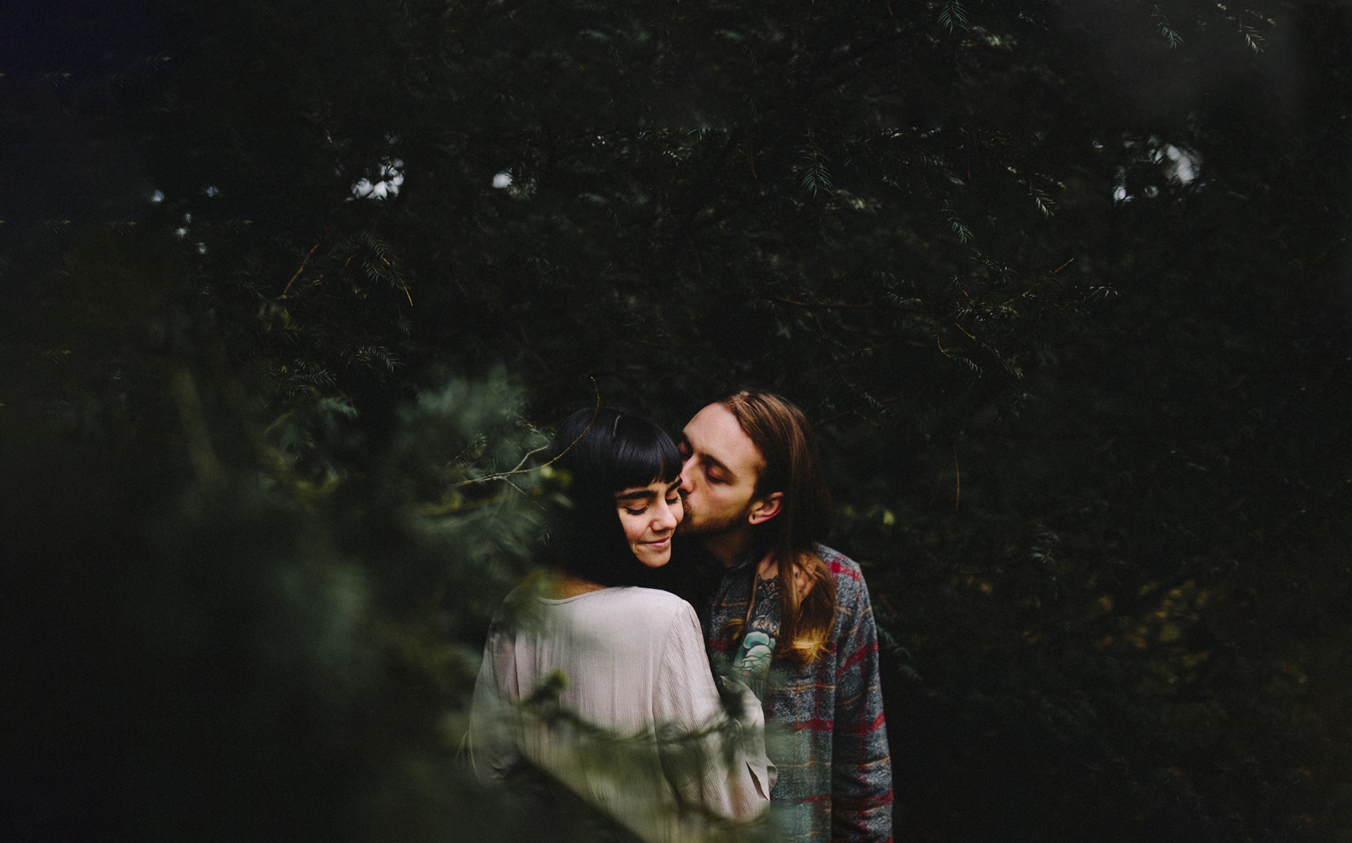 Csók, szerelem, erdő, fák között, ölelés